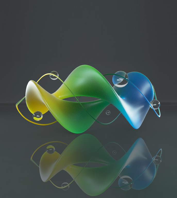 Doppelte 3D Spirale in Gelb, Grün und Blau (Grafik)
