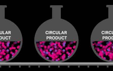Illustration von runden Reagenzgläsern auf einem Fließband - untere Hälfte gefüllt mit bunten Kugeln, darüber steht zirkuläres Produkt (Grafik)